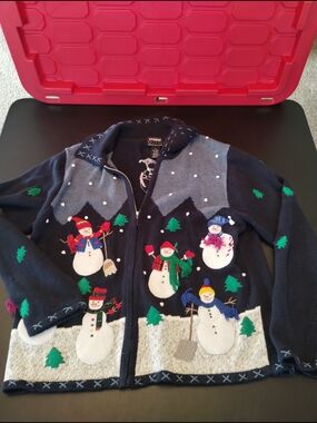 "Grandma Core"Designers Originals Navy Holiday Snowman Zip-Up Blazer